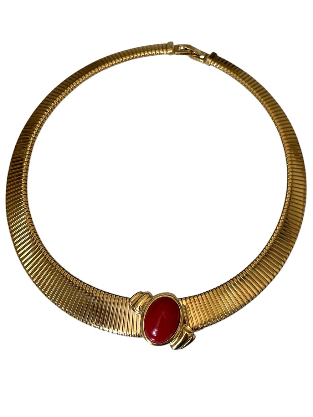 MONET VINTAGE RED Lucite Cabachon Signed Gold Plated Collar Necklace